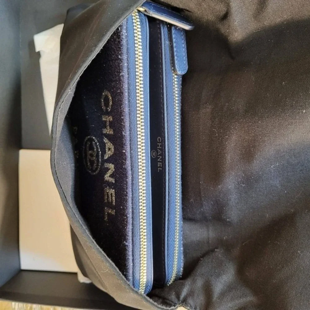 Chanel Deauville Navy Blue Denim Gold Chain Crossbody Pouch Bag Box Dust Bag